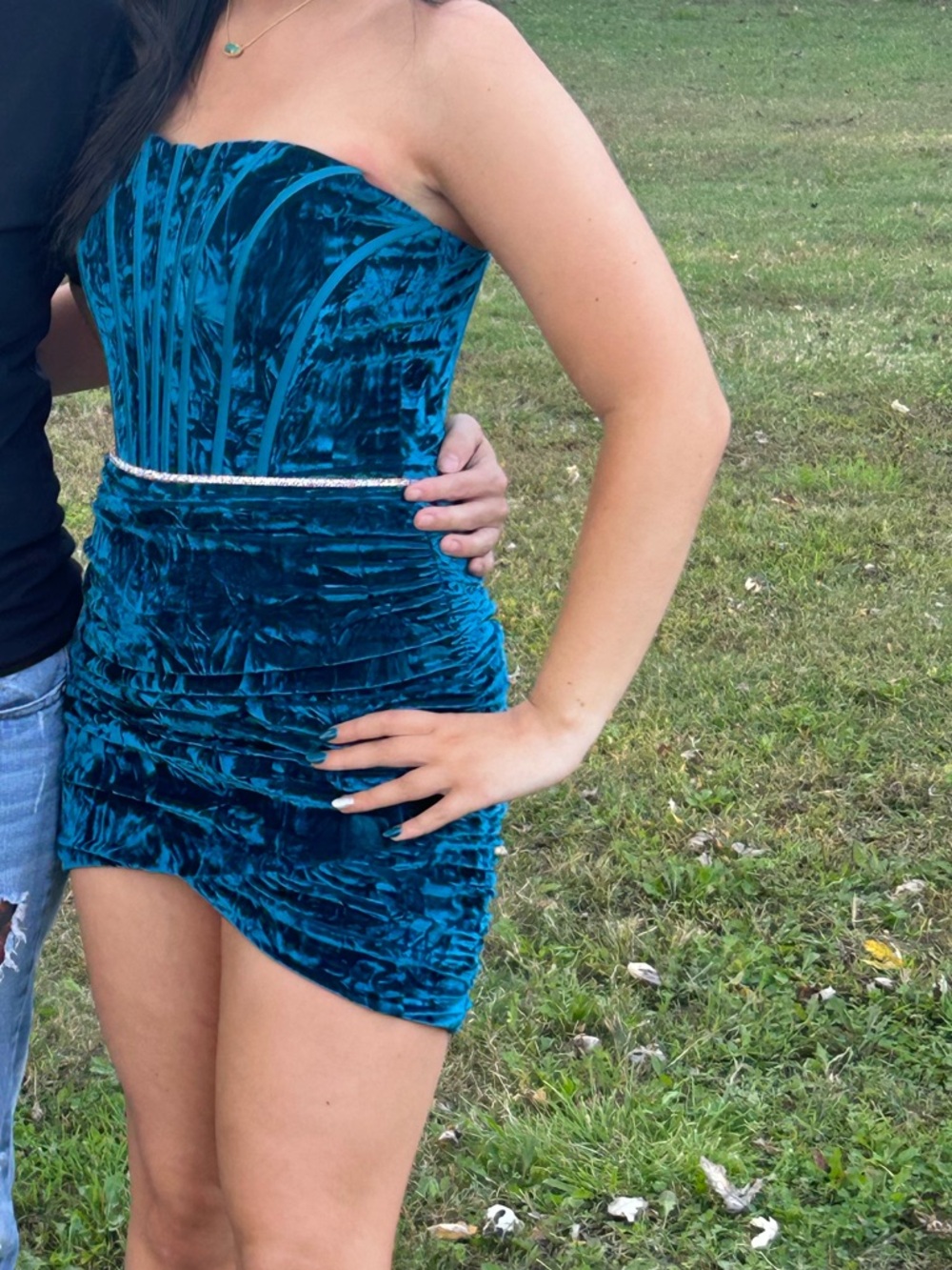 Teal Velvet Strapless Mini Dress
